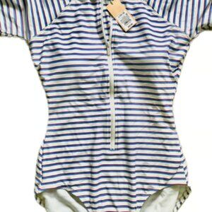 Kona Sol Red White Blue Stripe Rash Guard Full Coverage Swimsuit W Zip Size M
